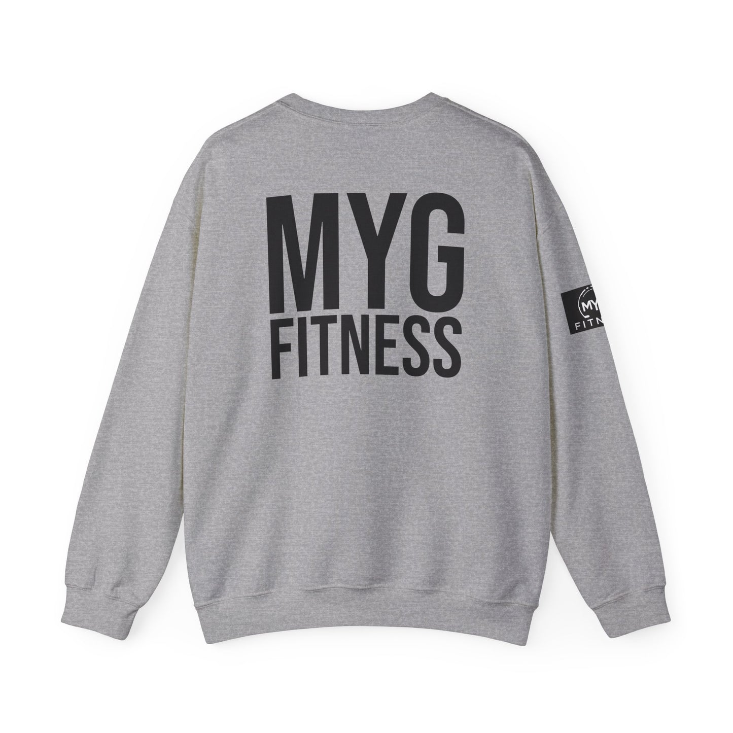 MYGFITNESS Essentials Back Print With Arm Logo Unisex Heavy Blend™ Crewneck Sweatshirt - Cozy Apparel for Workout Enthusiasts