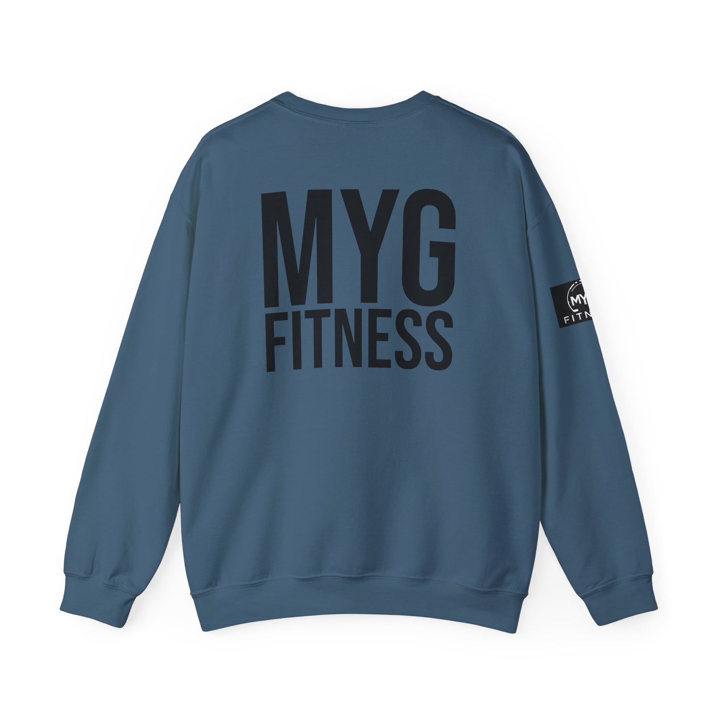 MYGFITNESS Essentials Back Print With Arm Logo Unisex Heavy Blend™ Crewneck Sweatshirt - Cozy Apparel for Workout Enthusiasts