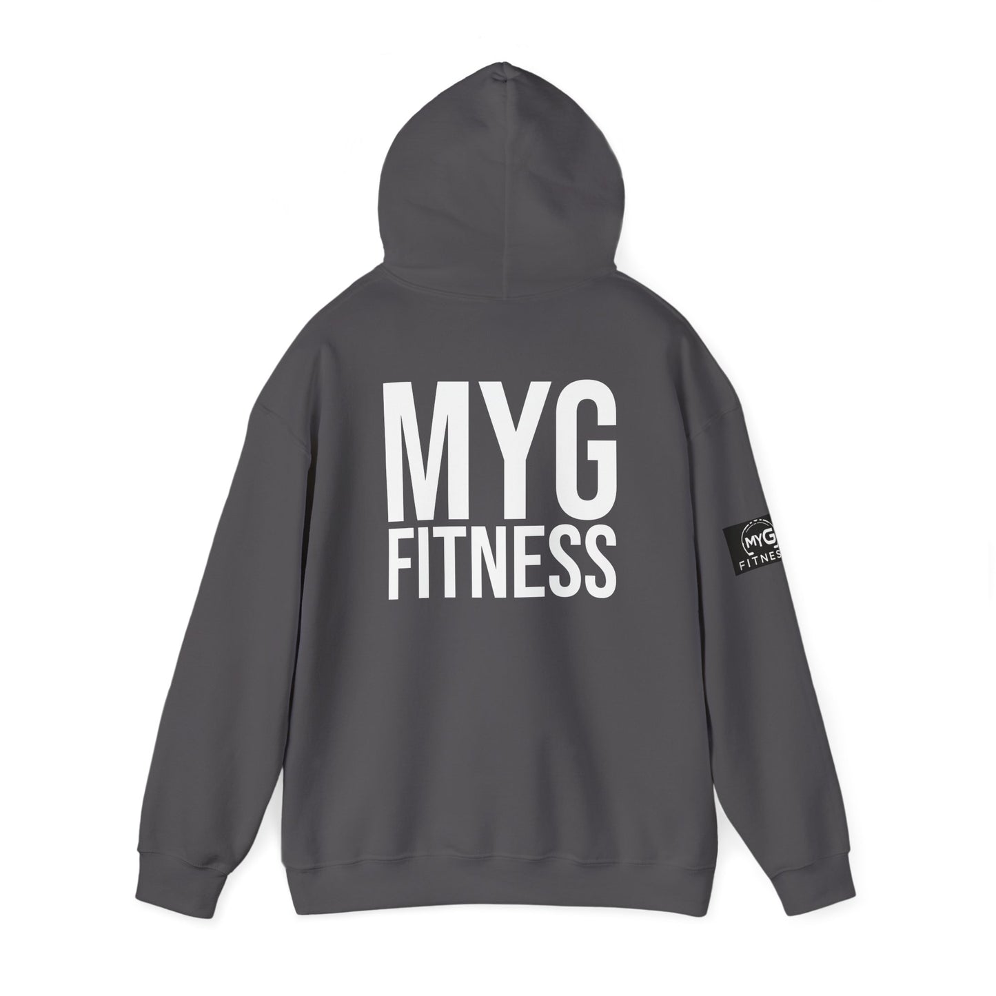 MYGFITNESS Essentials Back Print With Arm Logo Unisex Heavy Blend™ Hoodie - Motivational Activewear for Fitness Enthusiasts