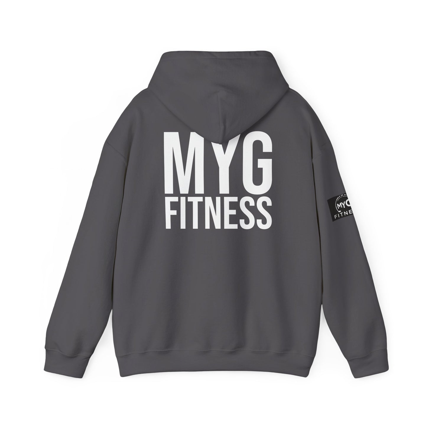 MYGFITNESS Essentials Back Print With Arm Logo Unisex Heavy Blend™ Hoodie - Motivational Activewear for Fitness Enthusiasts