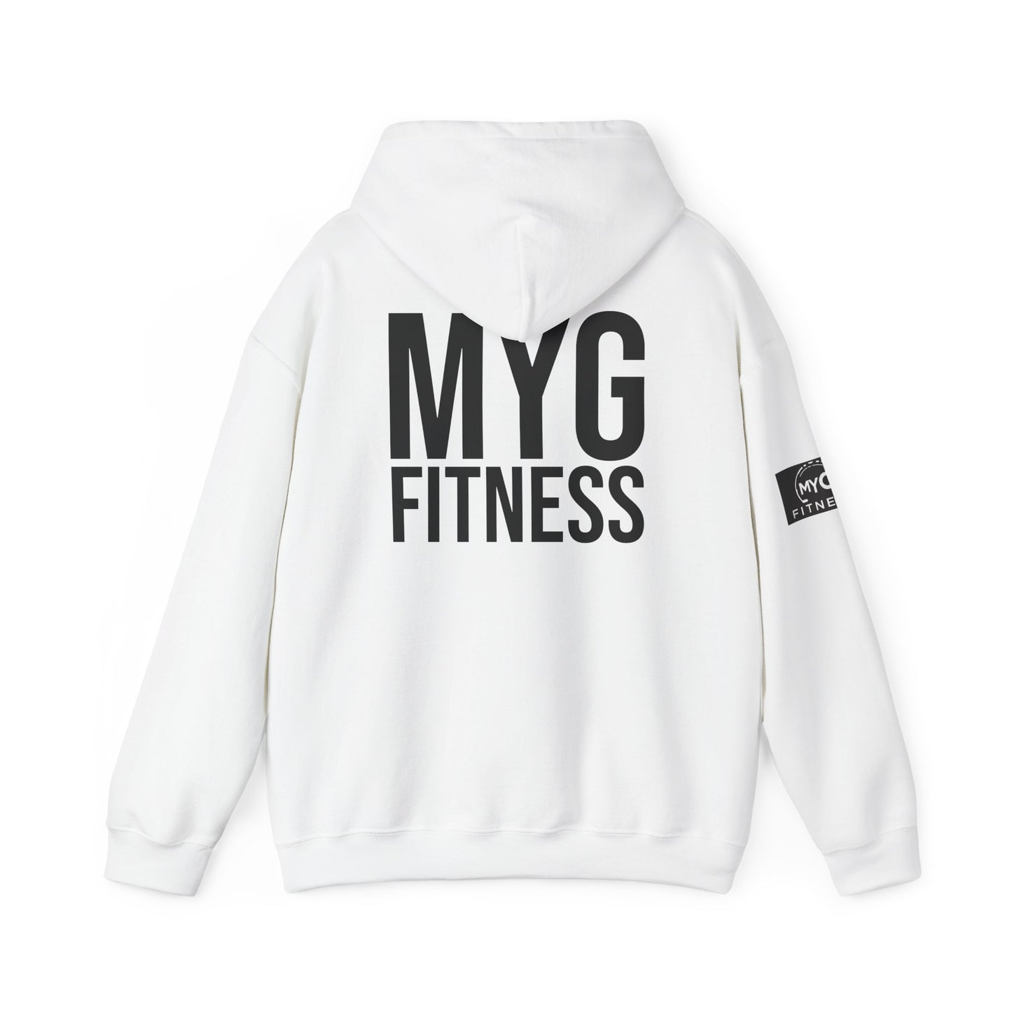 MYGFITNESS Essentials Back Print With Arm Logo Unisex Heavy Blend™ Hoodie - Motivational Activewear for Fitness Enthusiasts