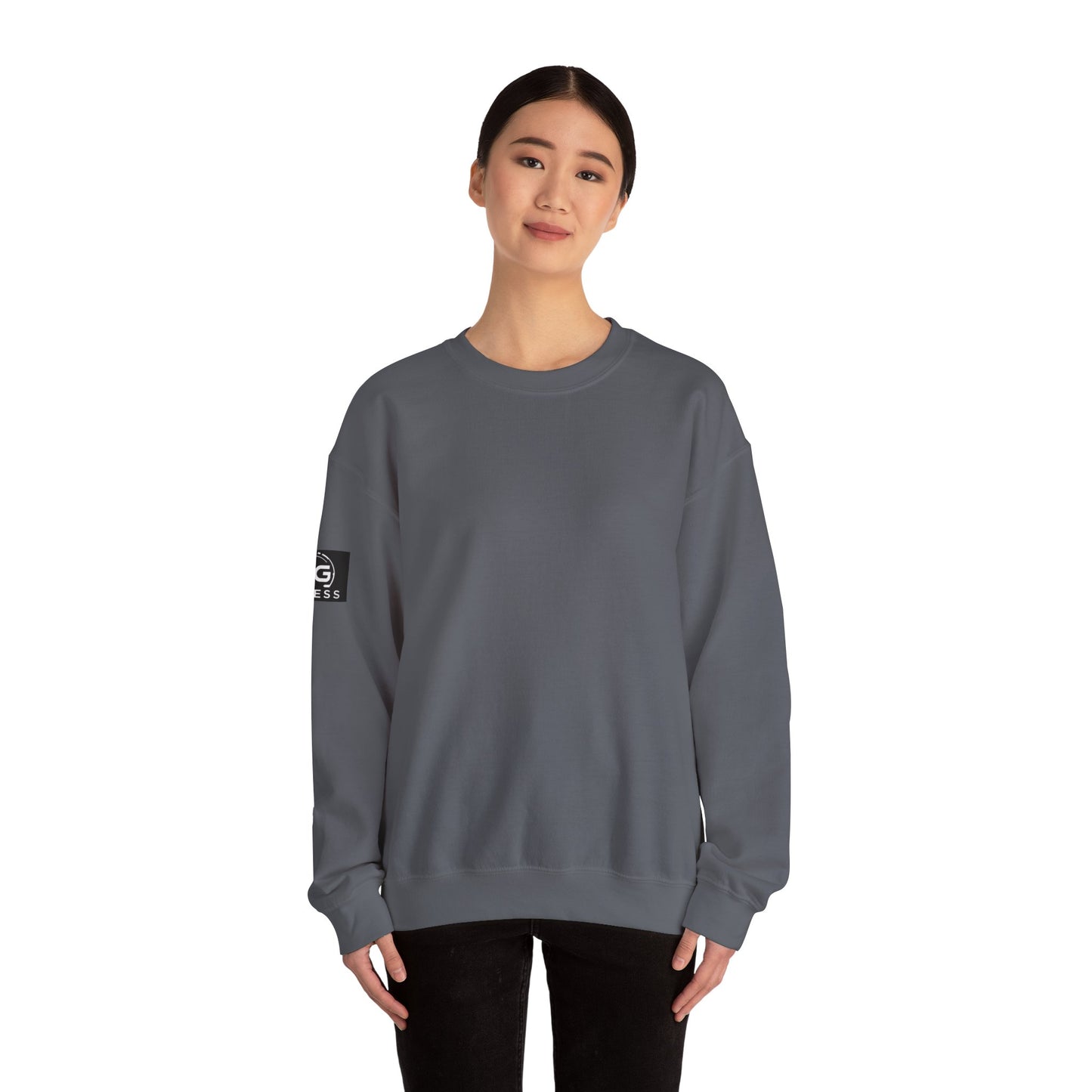 MYGFITNESS Essentials Back Print With Arm Logo Unisex Heavy Blend™ Crewneck Sweatshirt - Cozy Apparel for Workout Enthusiasts