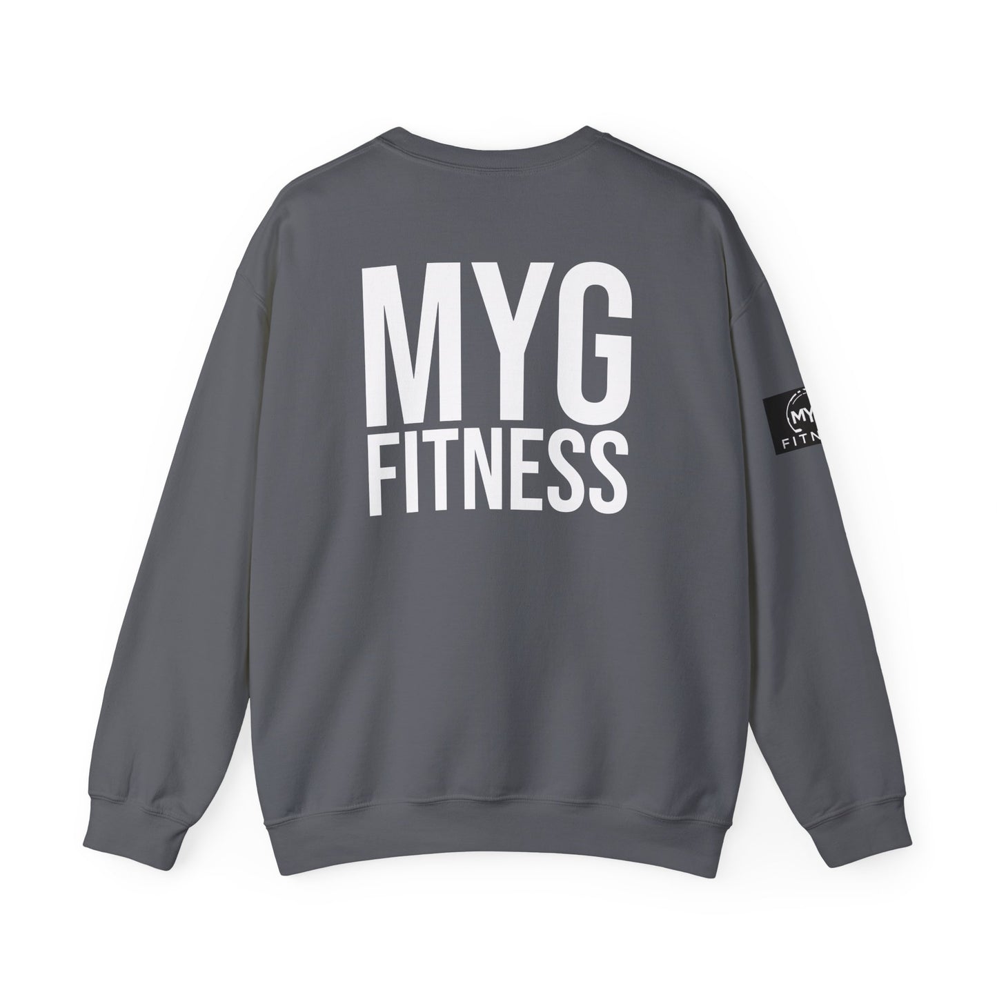 MYGFITNESS Essentials Back Print With Arm Logo Unisex Heavy Blend™ Crewneck Sweatshirt - Cozy Apparel for Workout Enthusiasts