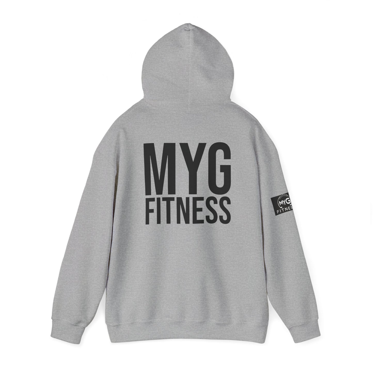 MYGFITNESS Essentials Back Print With Arm Logo Unisex Heavy Blend™ Hoodie - Motivational Activewear for Fitness Enthusiasts