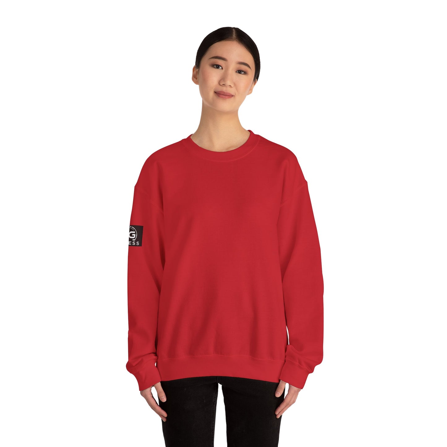 MYGFITNESS Essentials Back Print With Arm Logo Unisex Heavy Blend™ Crewneck Sweatshirt - Cozy Apparel for Workout Enthusiasts