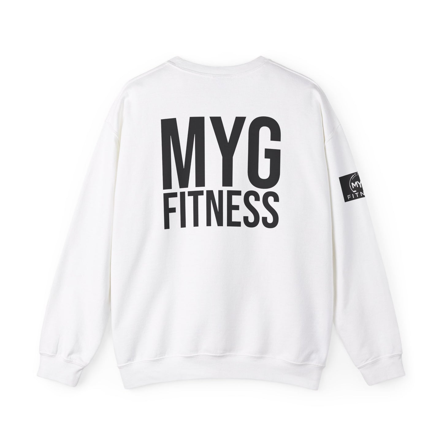 MYGFITNESS Essentials Back Print With Arm Logo Unisex Heavy Blend™ Crewneck Sweatshirt - Cozy Apparel for Workout Enthusiasts