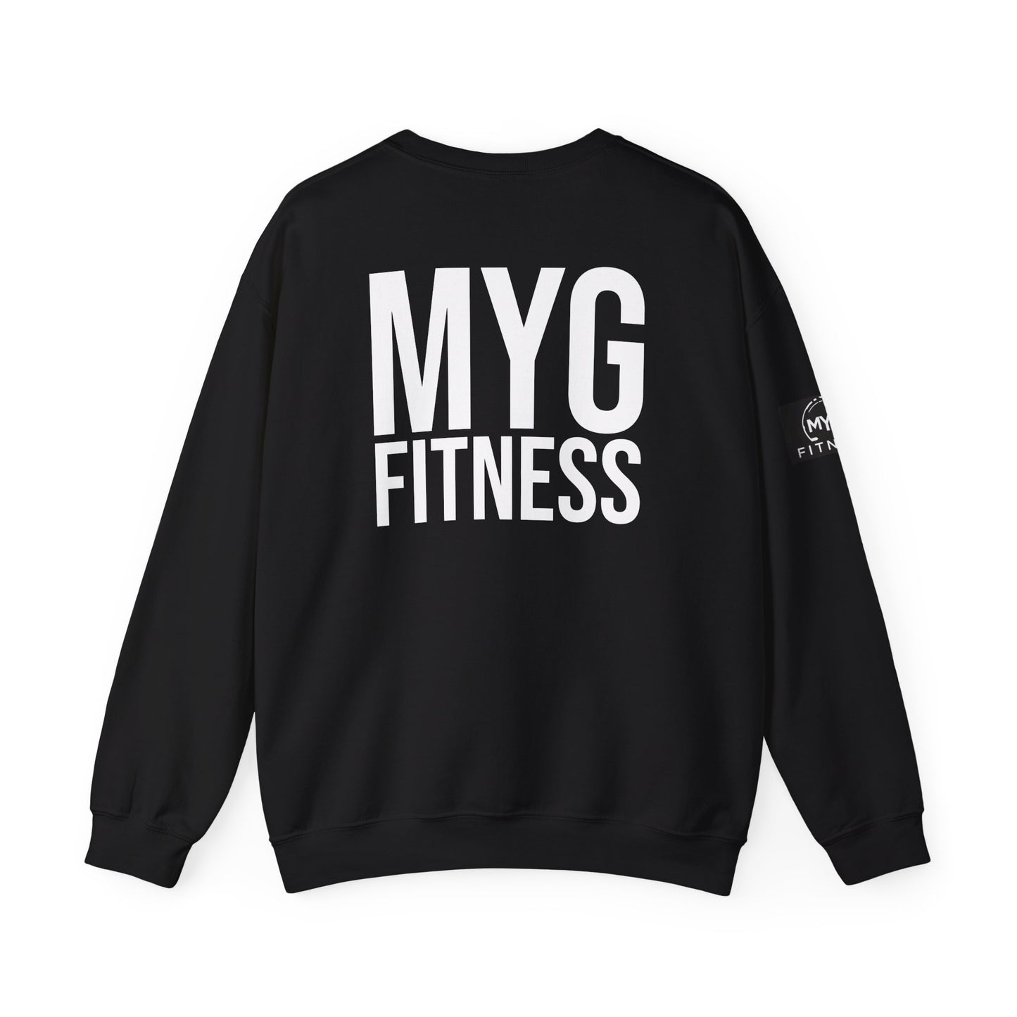 MYGFITNESS Essentials Back Print With Arm Logo Unisex Heavy Blend™ Crewneck Sweatshirt - Cozy Apparel for Workout Enthusiasts