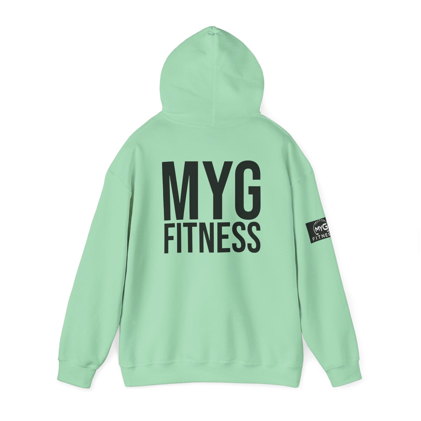 MYGFITNESS Essentials Back Print With Arm Logo Unisex Heavy Blend™ Hoodie - Motivational Activewear for Fitness Enthusiasts