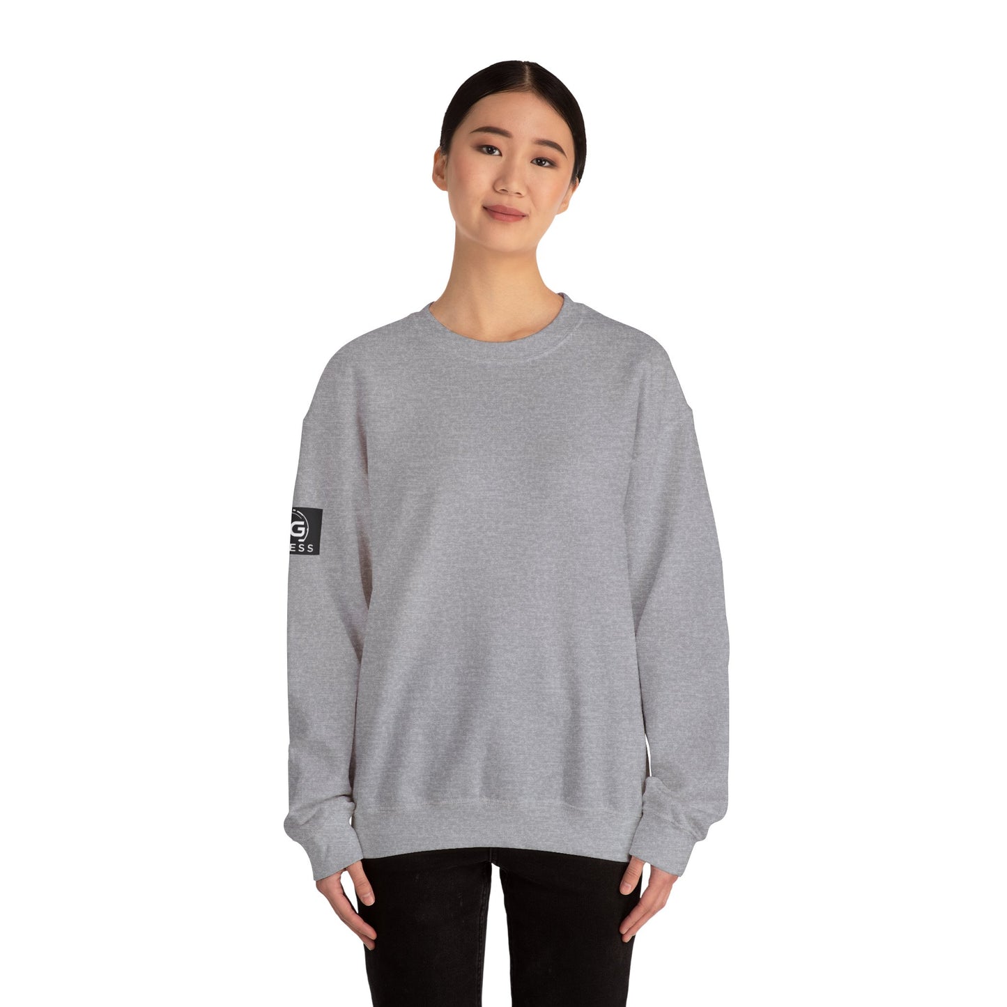 MYGFITNESS Essentials Back Print With Arm Logo Unisex Heavy Blend™ Crewneck Sweatshirt - Cozy Apparel for Workout Enthusiasts