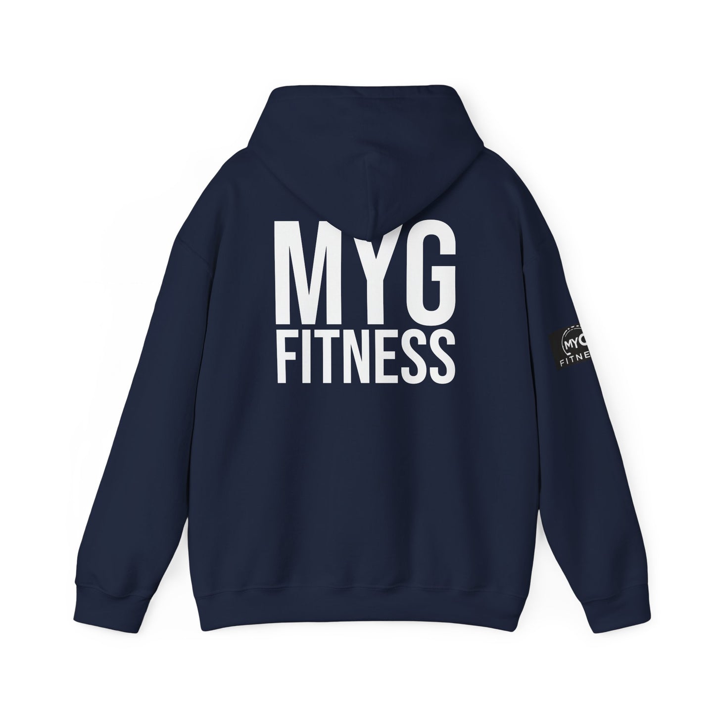 MYGFITNESS Essentials Back Print With Arm Logo Unisex Heavy Blend™ Hoodie - Motivational Activewear for Fitness Enthusiasts