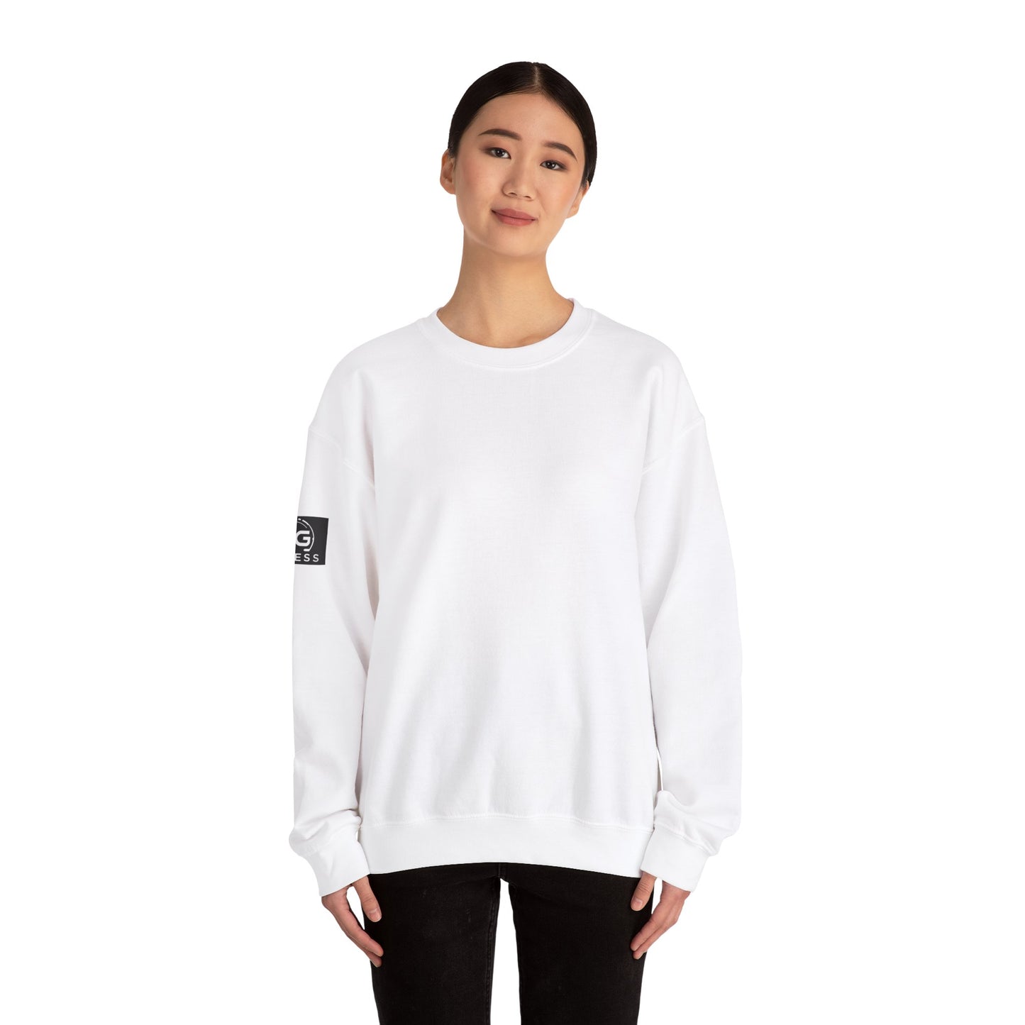 MYGFITNESS Essentials Back Print With Arm Logo Unisex Heavy Blend™ Crewneck Sweatshirt - Cozy Apparel for Workout Enthusiasts